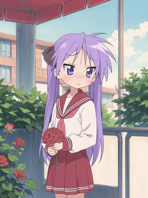 hiiragi kagami,lucky star, masterpiece, best quality, purple hair, purple eyes, twintails, <lora:lucky_star_offset:1> ,long hair, 1girl, solo, highres, <lora:luckystarv2:0.25>, blush , embarrassed, tsundere, closed mouth, shy, holding bouquet, red rose, school uniform, serafuku, outdoors,
