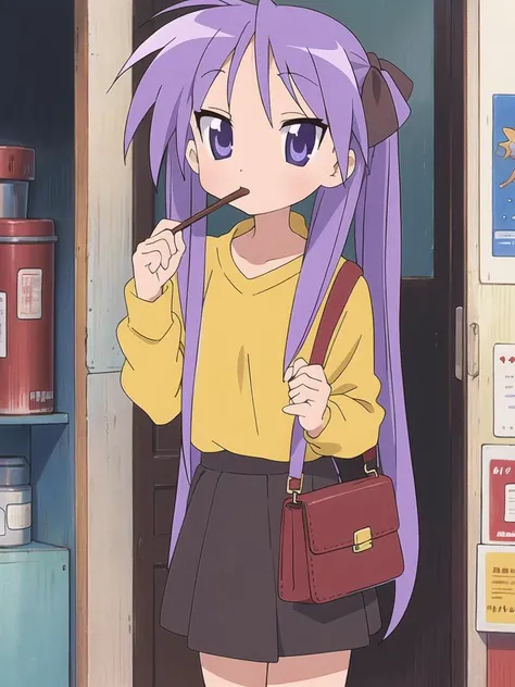 hiiragi kagami,lucky star, masterpiece, best quality, purple hair, purple eyes, twintails, <lora:lucky_star_offset:1> ,long hair, 1girl, solo, highres, <lora:luckystarv2:0.25>, small breasts, yellow jacket, aqua shirt, brown skirt, handbag, pocky, eating pocky, shopping