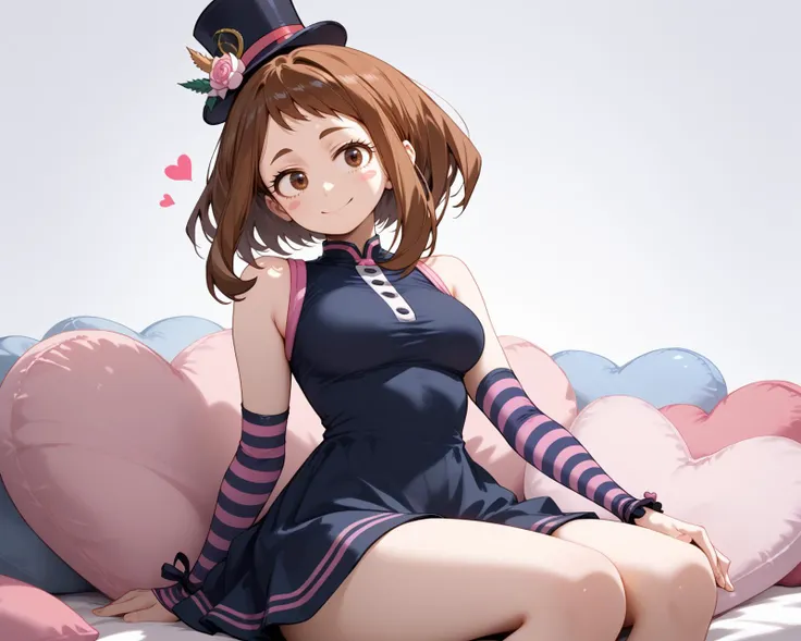 front view, SITTING ON PILLOW,HEART PILLOW,PINK PILLOWS, looking to the side, light smile, 
     Uraraka Ochako, score_9, score_8_up,score_7_up,score_6_up,, , elbow_gloves,black_dress,mini_top_hat,,black_hat,single_glove,striped_gloves,,