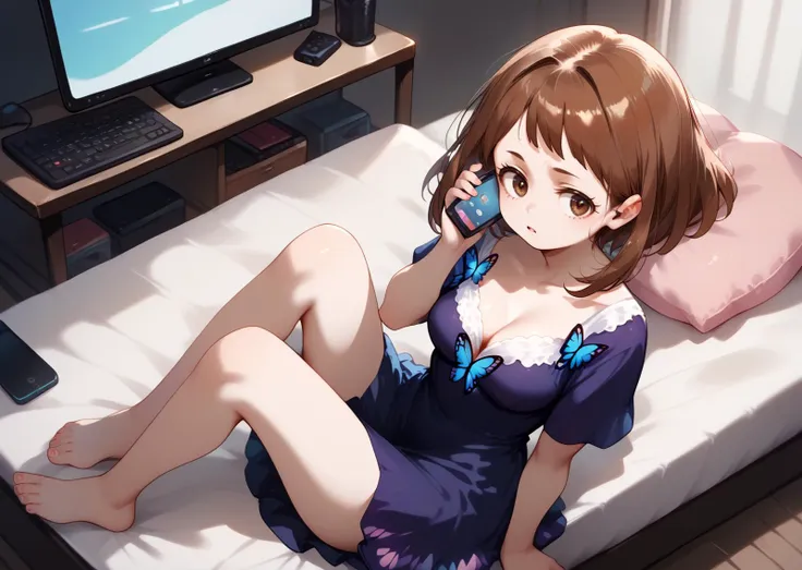 high angle, ,,,feet up,SITTING ON PILLOW,HEART PILLOW,PINK PILLOWS, looking to the side, 
     Uraraka Ochako  <lora:butterfly_dress-PD-1.0:0.8> butterfly dress <lora:uh_phoneme-PD-1.0:0.8> uh <lora:talking_on_phone_v0.3-pony:0.8> talking on phone, score_9, score_8_up,score_7_up,score_6_up,, , game controller,  ,wooden floor, keyboard (computer), , disposable cup,  , phone, laptop, , cellphone, controller,bed, messy room,TV,