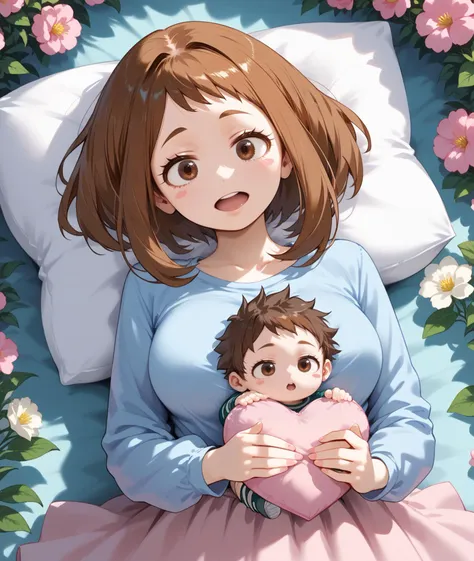 ,baby in hand,holding child,baby,garden,front view,PILLOW,HEART PILLOW,PINK PILLOWS,flowers, ,, open mouth, very large breasts,
     Uraraka Ochako, score_9, score_8_up,score_7_up,score_6_up,