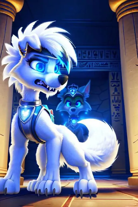 A female white Lycanroc, quadruped, feral, 4 legs, white fur, white body, white skin, pawstyle, paw patrol, long fluffy tail, tail up, very furry and fluffy, showing theets, very large fangs, front side view, blue eyes, shiny eyes, Pixar eyes, glowing eyes, standing, spread legs, angry face expression, snarling, very aggressive female, brave pose, valiant pose, she is about to fight, perfect ligthing, on an egyptian room, sharp teeth, very large claws, wearing silver earrings, dreesed as egyptian warrior, egyptian jewellery, dimwitdog, thesecretcave, cooliehigh, iskra,