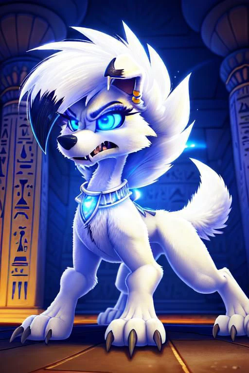 A female white dusk Lycanroc, quadruped, feral, 4 legs, white fur, white body, white skin, pawstyle, long fluffy tail, tail up, very furry and fluffy, showing theets, very large fangs, front side view, blue eyes, shiny eyes, Pixar eyes, glowing eyes, standing, spread legs, angry face expression, snarling, very aggressive female, brave pose, valiant pose, perfect ligthing, on an egyptian room, sharp teeth, very large claws, wearing silver earrings, dreesed as egyptian warrior, dimwitdog, thesecretcave, cooliehigh, iskra,