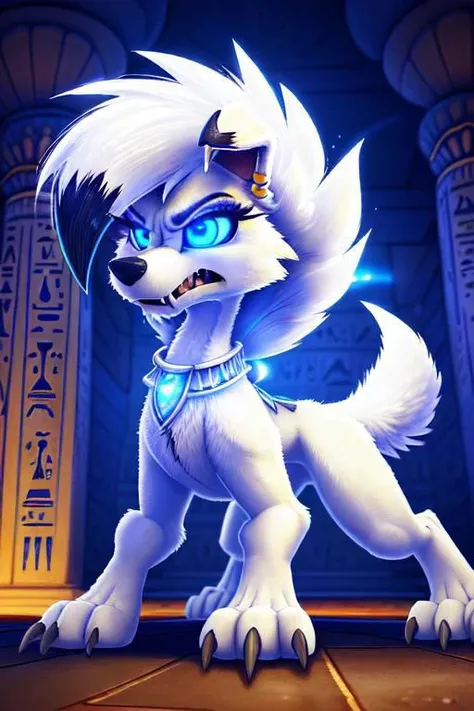 A female white dusk Lycanroc, quadruped, feral, 4 legs, white fur, white body, white skin, pawstyle, long fluffy tail, tail up, very furry and fluffy, showing theets, very large fangs, front side view, blue eyes, shiny eyes, Pixar eyes, glowing eyes, standing, spread legs, angry face expression, snarling, very aggressive female, brave pose, valiant pose, perfect ligthing, on an egyptian room, sharp teeth, very large claws, wearing silver earrings, dreesed as egyptian warrior, dimwitdog, thesecretcave, cooliehigh, iskra,