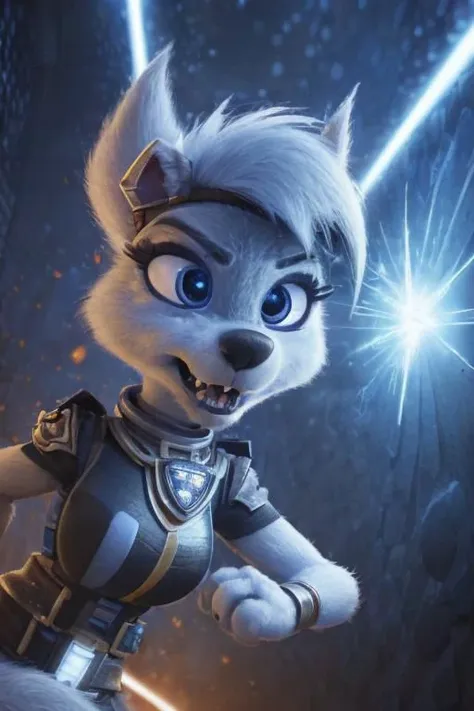 A female white Lycanroc, white fur, white body, white skin, very huge breast, anthropomorphic figure, anthro character, hair over eyes, pawstyle, paw patrol, long fluffy tail, tail up, very furry and fluffy, showing theets, very large fangs, front side view, blue eyes, shiny eyes, Pixar eyes, glowing eyes, perfect eyes, jumping against the wall, angry face expression, snarling, very aggressive female, brave pose, valiant pose, she is about to fight, perfect ligthing, on an egyptian room, sharp teeth, very large claws, wearing silver earrings, dreesed as egyptian female warrior, egyptian jewellery, magic powers on her side, she is protecting a great goddess deity behind her, (pixarstyle:1.25), dimwitdog, thesecretcave, cooliehigh, iskra,