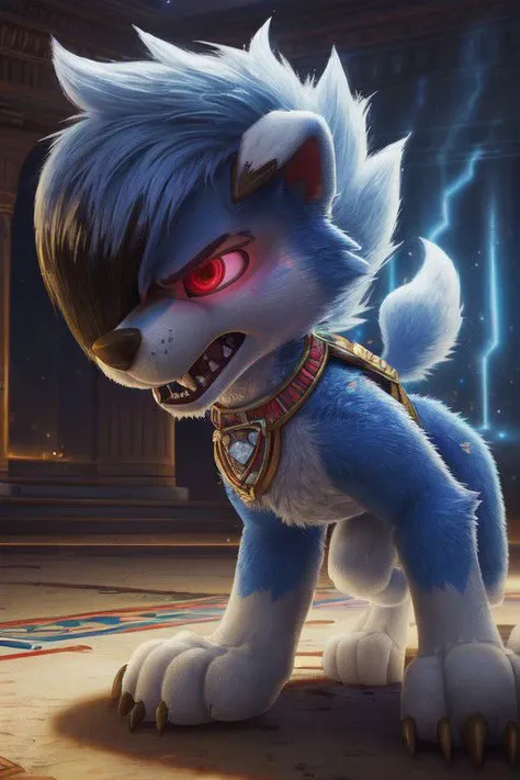 A male Blue dusk Lycanroc, quadruped, feral, 4 legs, blue fur, blue body, blue skin, shiny Lycanroc, pawstyle, paw patrol, very long and large fluffy tail, tail up, very furry and fluffy, hair over eyes, showing theets, sharp teeth, very large fangs, front side view, green and red eyes, shiny eyes, Pixar eyes, glowing eyes, angry face expression, snarling, he is about to fight, standing, spread legs, brave pose, very brave male, valiant pose, he is very aggressive, he is about to fight, figther stance, some wounds on his body, some muscles, perfect ligthing, on an egyptian room, sharp teeth, large claws, egyptian gold jewellery, wearing egyptian warrior gold armor, wearing silver earrings, dimwitdog, thesecretcave, cooliehigh, iskra, meesh, zaush, pixelsketcher, avante92,