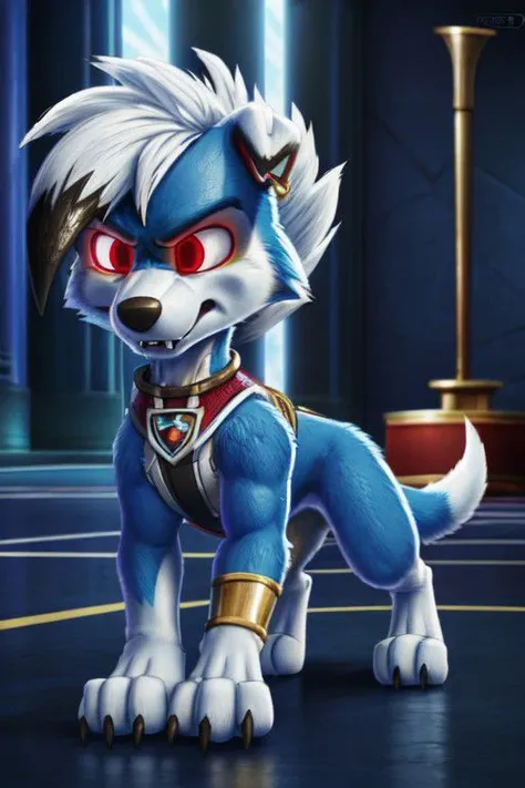 A male Blue dusk shiny Lycanroc, quadruped, feral, 4 legs, blue fur, blue body, blue skin, shiny Lycanroc, pawstyle, paw patrol, very long and large fluffy tail, tail up, very furry and fluffy, hair over eyes, showing theets, sharp teeth, very large fangs, side view, green and red eyes, shiny eyes, Pixar eyes, glowing eyes, angry face expression, snarling, he is about to fight, standing, spread legs, brave pose, very brave male, valiant pose, he is very aggressive, he is about to fight, figther stance, some muscles, perfect ligthing, on an egyptian room, sharp teeth, large claws, egyptian gold jewellery, wearing egyptian warrior gold armor, wearing silver earrings, dimwitdog, thesecretcave, cooliehigh, iskra, meesh, zaush, pixelsketcher, avante92,