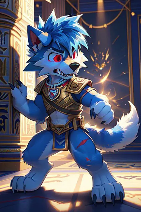 A male Blue dusk Lycanroc, quadruped, feral, 4 legs, blue fur, blue body, blue skin, shiny Lycanroc, pawstyle, paw patrol, very long and large fluffy tail, tail up, very furry and fluffy, hair over eyes, showing theets, sharp teeth, very large fangs, Sabertooth fangs, side view, green and red eyes, shiny eyes, Pixar eyes, glowing eyes, angry face expression, snarling, he is about to fight, standing, spread legs, brave pose, very brave male, valiant pose, he is very aggressive, he is about to fight, figther stance, some scars on his body, some muscles, perfect ligthing, on an egyptian room, sharp teeth, large claws, egyptian gold jewellery, wearing egyptian warrior gold armor, wearing silver earrings, dimwitdog, thesecretcave, cooliehigh, iskra, meesh, zaush, pixelsketcher, avante92,