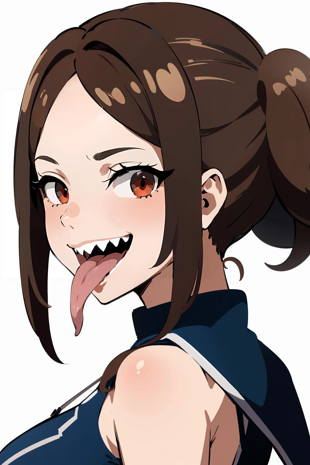 masterpiece,high quality,1girl,solo,large breasts,white background,mature female,<lora:sharpteeth-wasabiya:1>,sharp teeth,smile,from side ,(red eyes , brown hair ),endured face,tongue out ,