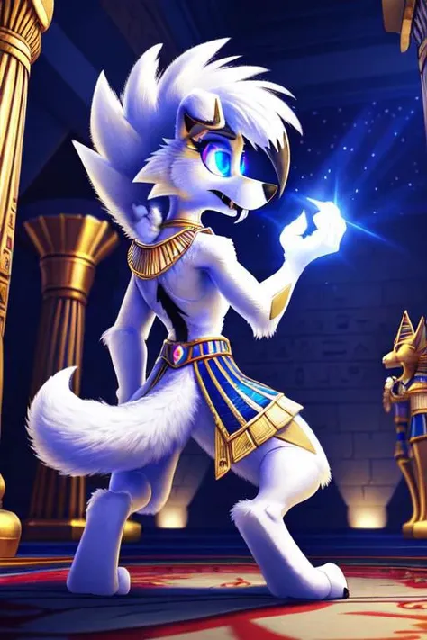 A female white dusk Lycanroc, quadruped, feral, 4 legs, white fur, white body, white skin, pawstyle, long fluffy tail, tail up, very furry and fluffy, showing theets, very large fangs, rear side view, blue eyes, shiny eyes, Pixar eyes, glowing eyes, standing, spread legs, brave pose, perfect ligthing, on an egyptian room, sharp teeth, egyptian gold jewellery, dreesed as pharaoh, dimwitdog, thesecretcave, cooliehigh, iskra,