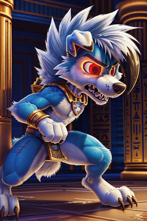 A male Blue dusk Lycanroc, quadruped, feral, 4 legs, blue fur, blue body, blue skin, shiny Lycanroc, pawstyle, paw patrol, very long and large fluffy tail, tail up, very furry and fluffy, hair over eyes, showing theets, sharp teeth, very large fangs, front side view, green and red eyes, shiny eyes, Pixar eyes, glowing eyes, angry face expression, snarling, he is about to fight, standing, spread legs, brave pose, very brave male, valiant pose, he is very aggressive, he is about to fight, figther stance, some scars on his body, some muscles, perfect ligthing, on an egyptian room, sharp teeth, large claws, egyptian gold jewellery, wearing egyptian warrior gold armor, wearing silver earrings, dimwitdog, thesecretcave, cooliehigh, iskra, meesh, zaush, pixelsketcher, avante92,