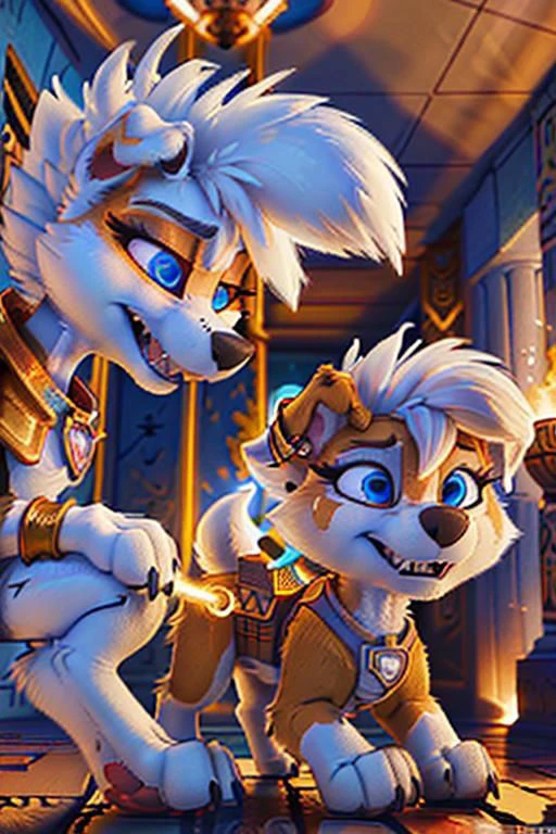 A female white Lycanroc, quadruped, feral, 4 legs, white fur, white body, white skin, hair over eyes, pawstyle, paw patrol, long fluffy tail, tail up, very furry and fluffy, showing theets, very large fangs, front side view, blue eyes, shiny eyes, Pixar eyes, glowing eyes, standing, spread legs, angry face expression, snarling, very aggressive female, brave pose, valiant pose, she is about to fight, perfect ligthing, on an egyptian room, sharp teeth, very large claws, wearing silver earrings, dreesed as egyptian warrior, egyptian jewellery, magic powers on her side, she is protecting a great goddess deity behind her, (pixarstyle:1.25), dimwitdog, thesecretcave, cooliehigh, iskra,