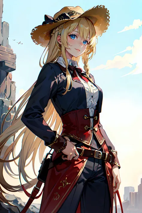 <lora:CowboyCh:0.8> CowboyCh, 1man, cowboy hat,, ultra detailed, masterpiece, best quality, aesthetic, detailed,, solo, soft smile, light smile,
1girl, blue eyes, very long hair, blonde hair, long blonde hair, french braid, bangs, medium breasts,