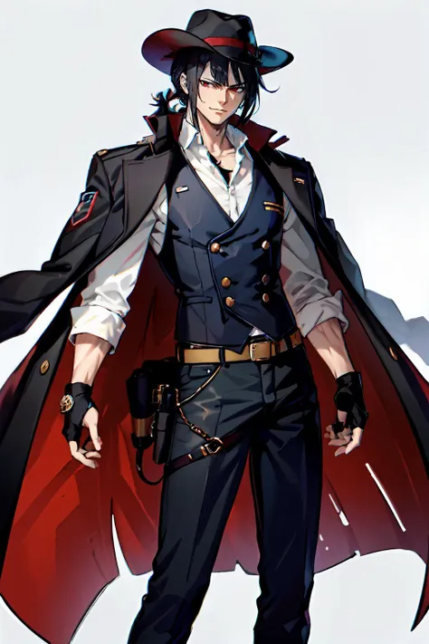 <lora:CowboyCh:0.8> CowboyCh, 1man, cowboy hat,, ultra detailed, masterpiece, best quality, aesthetic, detailed,, solo, smug smile, 1boy, red eyes, <lora:Tsurime3:0.7>, (tsurime:1.2), black hair, undercut, top knot, parted bangs, long bangs, bangs, short hair, hair intakes, tall,, <lora:StS-Coat-and-Jacket-On-Shoulders-Iteration2:0.7> dataset, jacket on shoulders, (coat on shoulders:1.3), black coat, dress shirt, sleeves rolled up, fingerless gloves, holster, pants, belt, multiple belts, combat boots, bulletproof vest, tactical clothes,