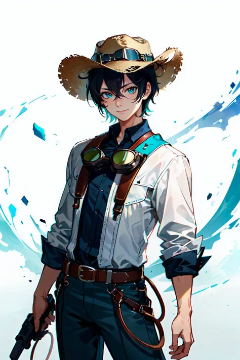 <lora:CowboyCh:0.8> CowboyCh, 1man, cowboy hat, white and blue theme,, ultra detailed, masterpiece, best quality, aesthetic, detailed,, ultra detailed, masterpiece, best quality, solo, smile, 1boy, green eyes, short hair, black hair, bangs, hair between eyes, messy hair, (goggles on head:1.2),