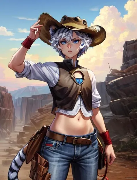 best quality, masterpiece, highres, detailed, digital artwork, <lora:Detail - add_detail:0.2>, CowboyCh, <lyco:Change - CowboyCh:0.8>, 1man, FohlFayon, tiger boy, blue eyes,  cowboy hat, gun, thigh holster, jeans, <lora:Character - FohlFayon:0.7>, short hair,