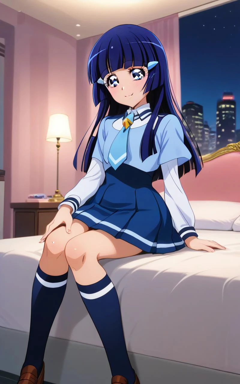 zPDXL, (score 9), (score 8 up), score 7 up, (ultra high res, ultra detailed, high resolution, highly detailed, 4k, 8k), great quality, high quality face, ultraquarium face, super detailed beautiful face, (best quality, masterpiece), an extremely delicate and beautiful, official art, official style, anime screencap, <lora:XLããã¼ éæ¨ããã ponyxl_aokireika:1>, seductive smile, blush, indoors, bedroom, bed, aokireika, aoki reika, hairpin, long hair, blue hair, blue eyes, blue school uniform, long sleeves, blue necktie, striped white socks, love hotel, sitting on bed, sitting, night, <lora:XLããã¼ ã©ã ããã« pony_love_hotel:0.8>,