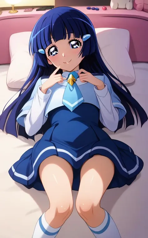 zPDXL, (score 9), (score 8 up), score 7 up, (ultra high res, ultra detailed, high resolution, highly detailed, 4k, 8k), great quality, high quality face, ultraquarium face, super detailed beautiful face, (best quality, masterpiece), an extremely delicate and beautiful, official art, official style, anime screencap, <lora:XLããã¼ éæ¨ããã ponyxl_aokireika:1>,  seductive smile, blush, indoors, bedroom, bed, aokireika, aoki reika, hairpin, long hair, blue hair, blue eyes, long sleeves, blue necktie, striped white socks, love hotel, night, (on back, lying), on bed, <lora:XLããã¼ ã©ã ããã« pony_love_hotel:0.8>,