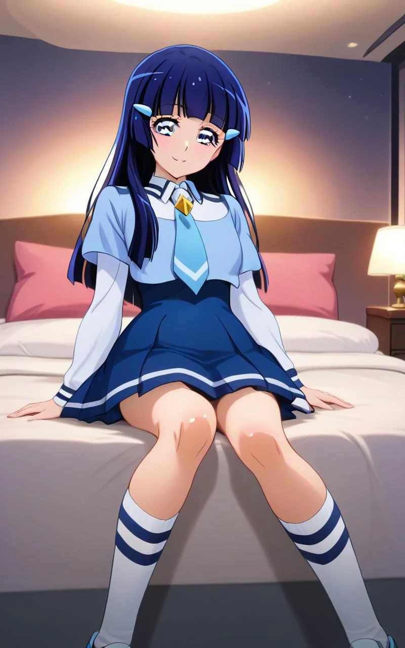 zPDXL, (score 9), (score 8 up), score 7 up, (ultra high res, ultra detailed, high resolution, highly detailed, 4k, 8k), great quality, high quality face, ultraquarium face, super detailed beautiful face, (best quality, masterpiece), an extremely delicate and beautiful, official art, official style, anime screencap, <lora:XLããã¼ éæ¨ããã ponyxl_aokireika:1>, seductive smile, blush, indoors, bedroom, bed, aokireika, aoki reika, hairpin, long hair, blue hair, blue eyes, blue school uniform, long sleeves, blue necktie, striped white socks, love hotel, sitting on bed, sitting, night, <lora:XLããã¼ ã©ã ããã« pony_love_hotel:0.8>,