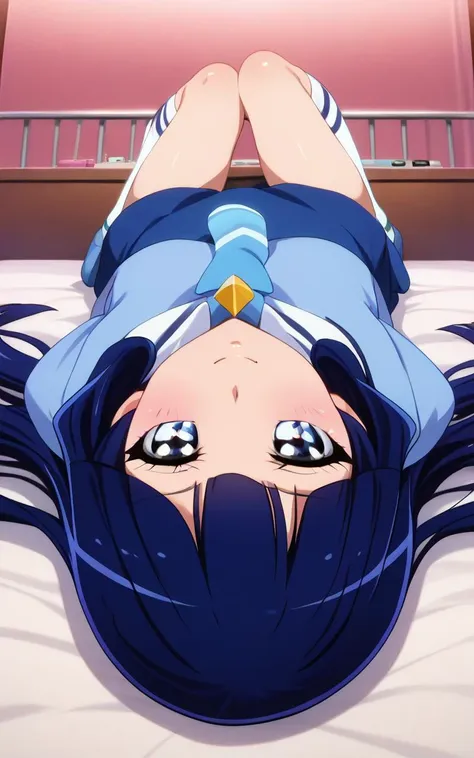 zPDXL, (score 9), (score 8 up), score 7 up, (ultra high res, ultra detailed, high resolution, highly detailed, 4k, 8k), great quality, high quality face, ultraquarium face, super detailed beautiful face, (best quality, masterpiece), an extremely delicate and beautiful, official art, official style, anime screencap, <lora:XLããã¼ éæ¨ããã ponyxl_aokireika:1>,  seductive smile, blush, indoors, bedroom, bed, aokireika, aoki reika, hairpin, long hair, blue hair, blue eyes, long sleeves, blue necktie, striped white socks, love hotel, night, (on back, lying), on bed, <lora:XLããã¼ ã©ã ããã« pony_love_hotel:0.8>,