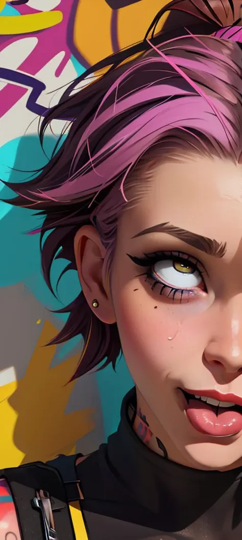 (masterpiece, best quality, highres, realistic, photorealistic, HDR), 1girl, solo, face, looking at viewer, punk, streaked hair, short hair, spiked hair, hair between eyes, mascara, eyeliner, eyeshadow, lipstick, piercing, tattoo, smug, parted lips, smirk,  wall, graffiti, mural, head tilt <lora:rolling eyes:0.7>AHG
ROLLING EYES
NAUGHTY FACE
CROSS-EYED
OPEN MOUTH
TONGUE OUT