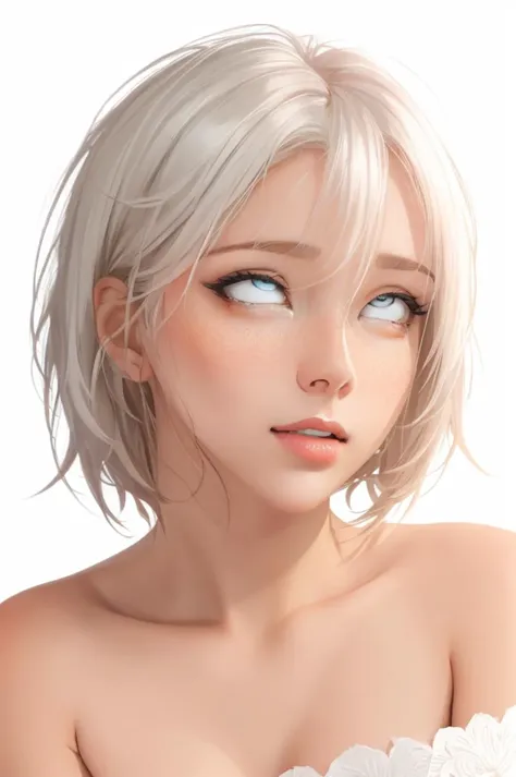 best quality, masterpiece,white hair, gold eyes, nude, looking up, upper body,hair strand,Fair skin, side boobs, nipples