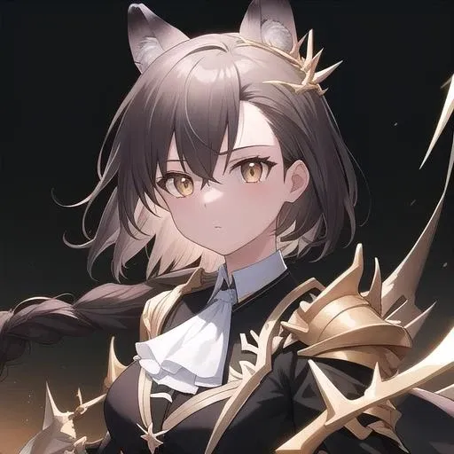 ((masterpiece)),(best quality),official art,extremely detailed CG,unity 8k wallpaper,ultra detailed,1girl,solo,upper body,(portrait:1.2),animal_ears,wolf_ears,single_gauntlet,very_long_hair,black_thighhighs,wolf_tail,brown_hair,extra_ears,looking_at_viewer,wolf_girl,breasts,white_ascot,hair_between_eyes,brown_eyes,braid,bangs,black_coat,zettai_ryouiki,jewelry,black_skirt,black_footwear,long_sleeves,<lora:Penance(ark):0.8>,