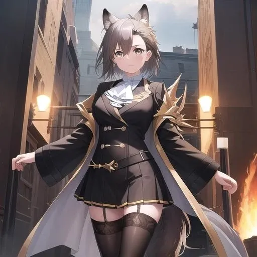 masterpiece, (detailed, highres, best quality), 1girl, <lora:spchisakaAiri-08:1> chisaka1st, hairclip, hair flower, wolf tail, hat, red necktie, necktie between breasts, detached collar, cleavage, black dress, boots, white jacket