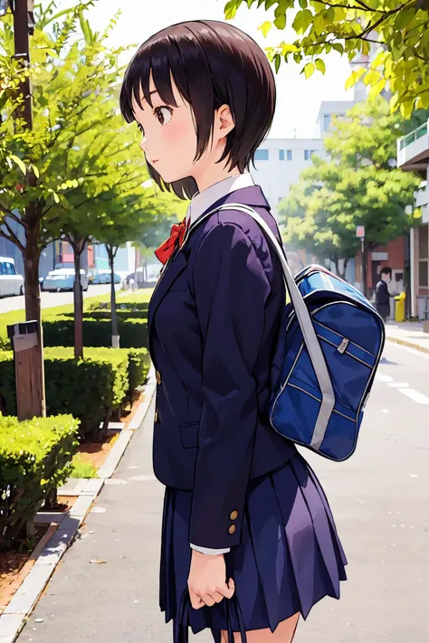 <lora:0013Aikuko:1>, ikuko,school_uniform,blazer,short hair,1girl,petite,solo,front view,