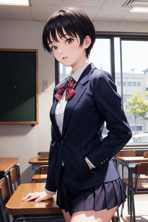 (hig彼st quality、8k、32k、masterpiece)、(Realistic)、(Realistic:1.2)、(High resolution)、Very detailed、Very beautiful face and eyes、1 girl、Delicate body、(hig彼st quality、Attention to detail、Rich skin detail)、(hig彼st quality、8k、Oil paints:1.2)、Very detailed、(Realistic、Realistic:1.37)、Bright colors、(Full Body Shot)、((Small eyes)), short hair, (School classroom, school uniform:1.6, Navy blue blazer, Collared shirt, Pleated skirt, Red ribbon, high school girl), (Big Breasts:1.3)