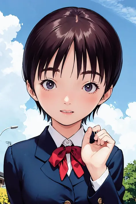 <lora:0013Aikuko:1>, ikuko,school_uniform,blazer,short hair,1girl,petite,solo,front view,