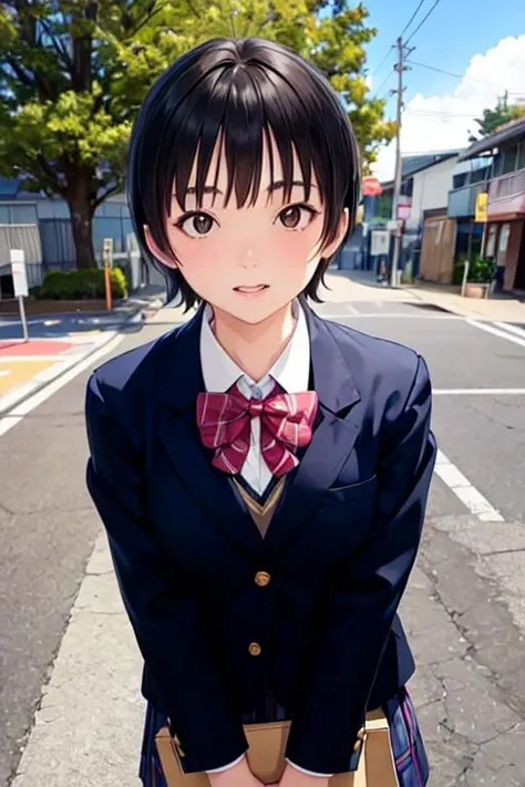 <lora:0013Aikuko:1>, ikuko,school_uniform,blazer,short hair,looking_at_viewer,