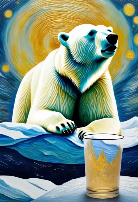 <lora:cup_Î²:0.8> A painting showing a polar bear in the foreground against a stylized background reminiscent of Van Gogh's "Starry Night." The polar bear is centered in the composition, with its head slightly turned to the left. To the right of the polar bear, in the foreground, is a seemingly empty clear glass. The swirling pattern in the background creates an interesting contrast with the realistic depiction of the polar bear. This painting is perhaps notable for its combination of realistic and surreal elements, as well as its depiction of natural beauty