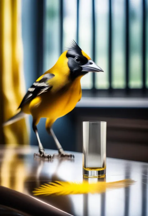 <lora:cup_Î²:1>  A bird with yellow and black feathers sits next to an empty glass on what appears to be a table. Blurred background with vertical lines suggesting curtains