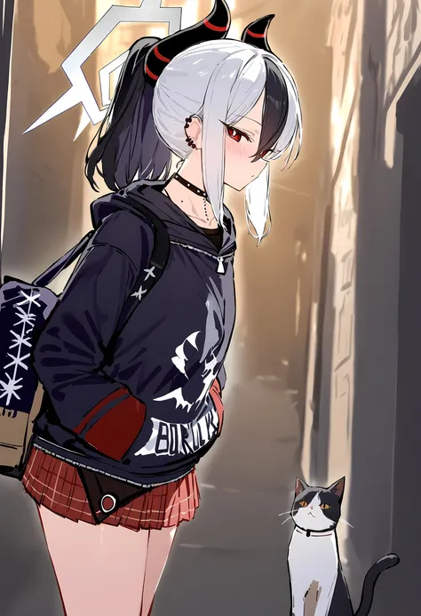 masterpiece, best quality, <lora:kayoko:1>, 1girl, kayoko_\(blue_archive\), solo, red_eyes, skirt, bag, white_hair, multicolored_hair, hood, black_hair, horns, hands_in_pockets, halo, red_skirt, ponytail, hoodie, choker, looking_at_viewer, bangs, two-tone_hair, sketch, collarbone, closed_mouth, hair_between_eyes, pleated_skirt, miniskirt, black_hoodie, long_sleeves, black_choker, piercing, hood_down BREAK blush, alley, (cat:1.5), :o, profile, leaning forward, from side,