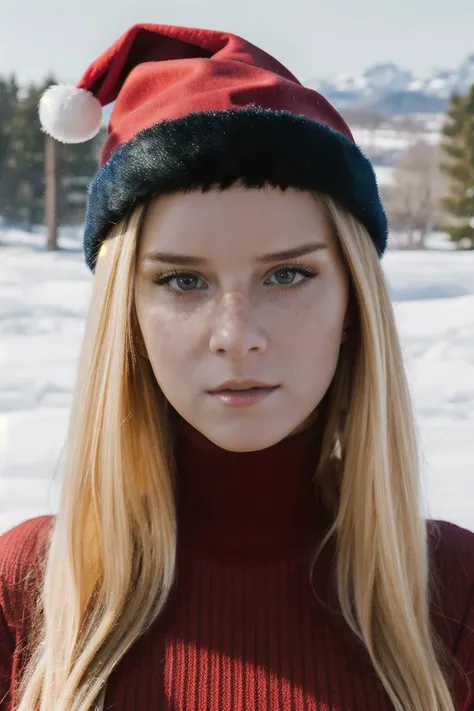 A stunning intricate full color portrait of a beautiful woman,wearing a red turtleneck, santa hat, epic character composition,by ilya kuvshinov, alessio albi, nina masic,sharp focus, natural lighting, subsurface scattering, f2, 35mm, film grain ,blonde, <lora:MarryQ:1>