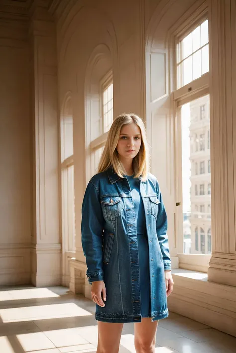 long hair, blonde, 20 year old, blue eyes, delicate face, fashionable, jumpsuit