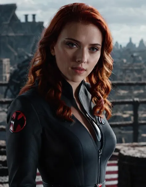 ohwx woman, 1girl, solo, long hair, red hair, wearing black widows cosplay, lips, looking to the side, portrait, mole under mouth, realistic, nose, mole on cheek, nose, bokeh, professional, 4k, highly detailed <lora:scarlet_lora_sdxl_v3-000008:1>