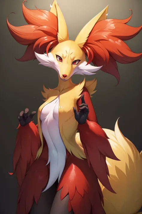 (masterpiece, best quality:1.2), <lyco:pokemon_delphox-13:1.0>, solo, 1girl, delphox, furry, multicolored fur, looking at viewer, tail