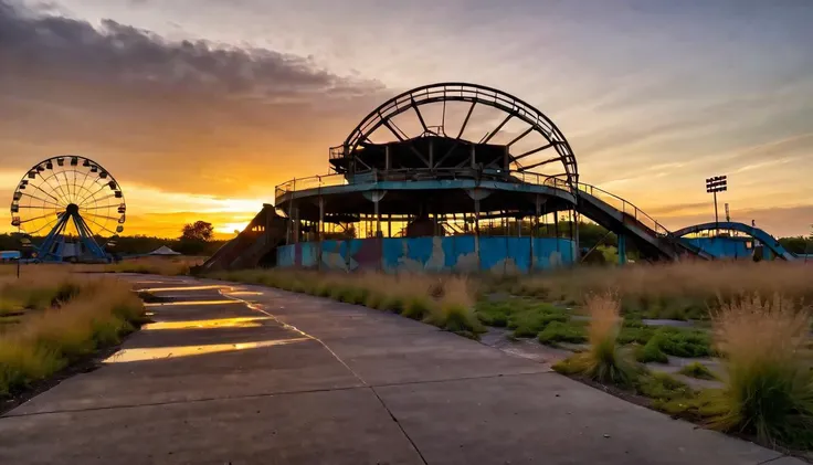 An abandoned amusement park at dusk, rusty rides silhouetted against the sky, wild grass growing through cracks in the concrete, and an eerie silence prevailing.