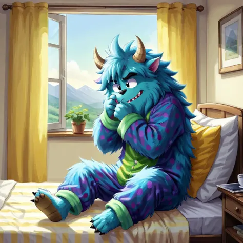 cute fluffy monster dressed in pajamas is sitting on the edge of the bed early in the morning and rubbing his eyes, it's a sunny day outside the window, there is a chair next to the bed on which his casual pants and t-short hang