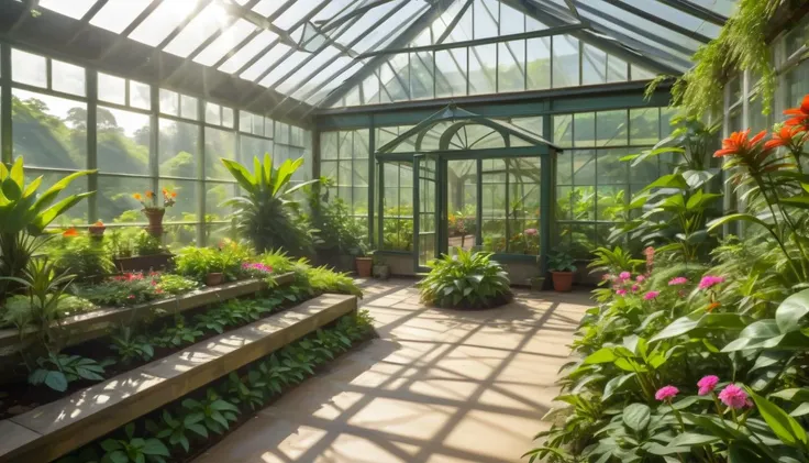 A lush greenhouse filled with exotic plants, a pathway leading through the greenery, sunlight filtering through the glass roof, and the air humid and filled with the scent of flowers and earth.