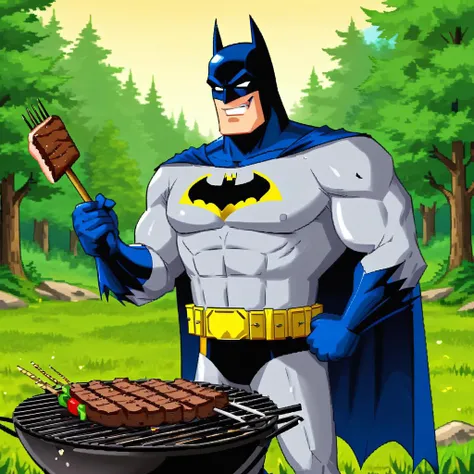 cartoon batman grilling kebab, dirty shirt, nature