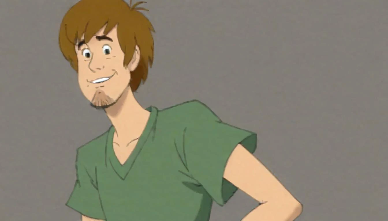 shaggy rogers, tank top, outside, standing, bottomless, legs together, long penis, eyes  closed, , hand stroking penis, blue sky,  shoes, no clone, solo, putting on briefs