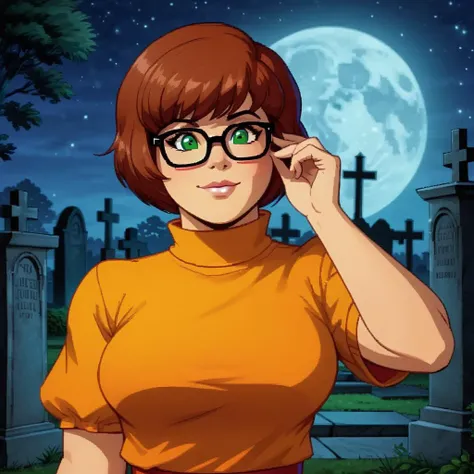3d, 3d render, Velma Dinkley touching her glasses in front of graveyard at night ,highly detailed, vibrant, production cinematic
