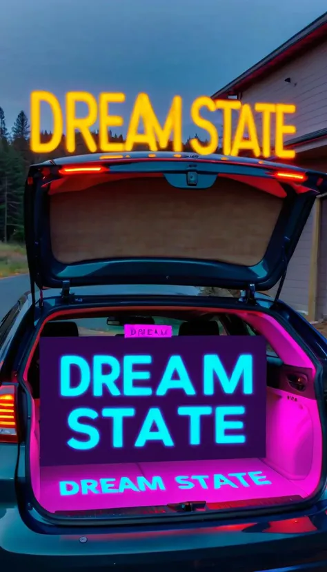 a portal to hell in the trunk of my car, neon sign reads "(Dream State-XL)" in (bold text:1.35),