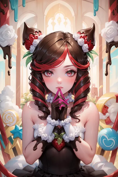 (Masterpiece:1.4), (best quality:1.2), <lora:sugar_rush_evelynn-000016:1>, sugar rush evelynn, 1girl, strapless dress, gloves, chocolate on body, strawberry hair ornament, multicolored hair, pink skin, colored skin