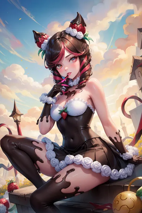 (Masterpiece:1.4), (best quality:1.2), <lora:sugar_rush_evelynn-000016:1>, sugar rush evelynn, 1girl, strapless dress, gloves, chocolate on body, strawberry hair ornament, multicolored hair, pink skin, colored skin