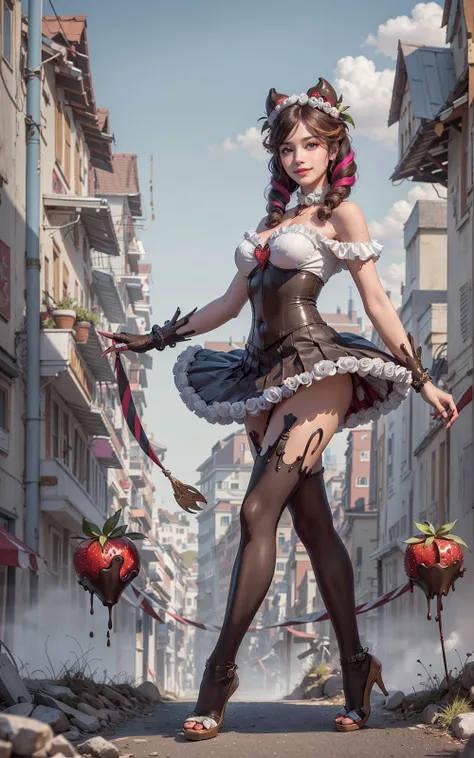sugar rush evelynn,1girl, teasing smile, strapless dress, gloves, chocolate on body, chocolate legs Thigh Highs, strawberry hair ornament, multicolored hair,pink skin, colored skin, offshoulder,full body,
<lora:sugar_rush_evelynn:0.81>