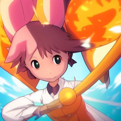 1 girl, Brown hair, Brown eyes, yellow kimono, bare legs, white ribbon in hair, high ponytail, dynamic pose, smiling face, big breasts